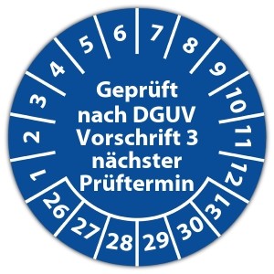 Prüfplakette "Geprüft nach DGUV Vorschrift 3 nächster Prüftermin"
