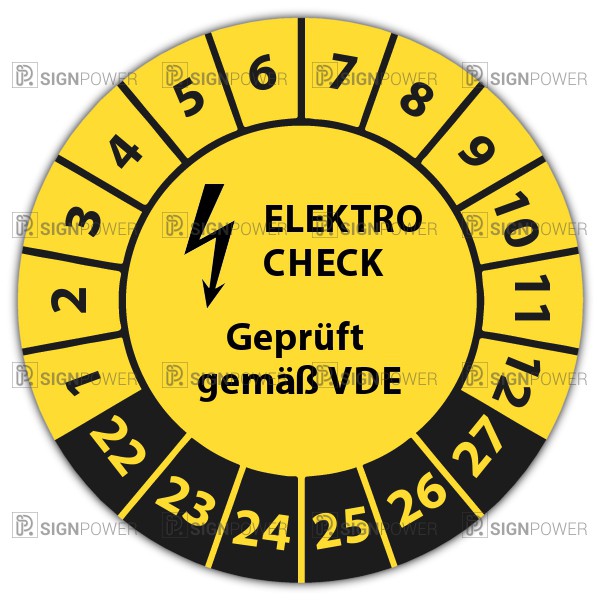 Prüfplakette Elektro-Check.. VDE 16-21 gelb Dokumentenfolie Ø 20mm 36/Bogen 