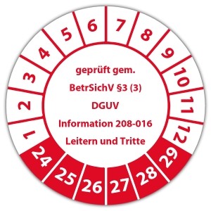 Prüfplakette "geprüft gem. BetrSichV §3 (3) DGUV Information 208-016 Leitern und Tritte"