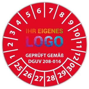 Prüfplakette "geprüft gem. BetrSichV §3 (3) DGUV Information 208-016 Leitern und Tritte" logo