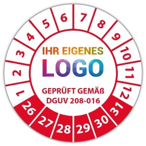 Prüfplakette "geprüft gem. BetrSichV §3 (3) DGUV Information 208-016 Leitern und Tritte" logo