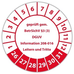 Prüfplakette "geprüft gem. BetrSichV §3 (3) DGUV Information 208-016 Leitern und Tritte"