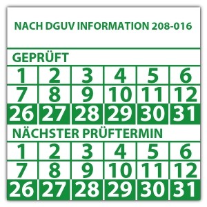 Prüfplakette doppeltes datum "Nach DGUV Information 208-016"